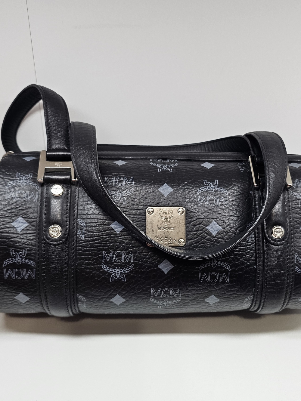 MCM Black Logo Visetos Cylinder Bag with Gold Plate